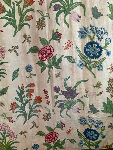 Vintage Jacobean Revival Crewelwork Embroidered Bedcover Quilt: C1970s Kashmir, India for export. 200cm x 220cm