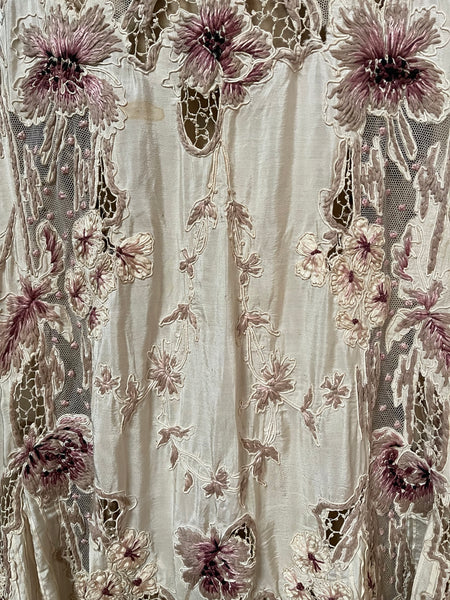 Antique Edwardian Art Nouveau Embroidered and Appliquéd Florals Silk Cape: C1910 France
