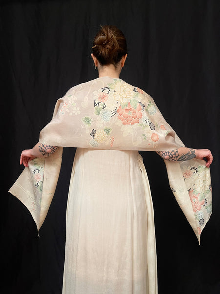 Antique Traditional Handpainted & Stencilled Silk Brocade Stole or Scarf: C1900 Japan