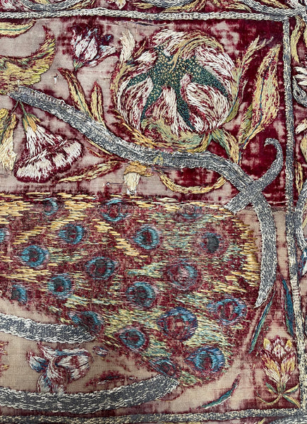 Early Silk and Metal Thread Embroidered Velvet Panel with Peacock and Flowers: C17th Italy or Spain