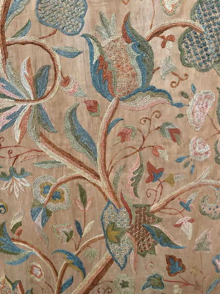 Antique Jacobean Revival Tree of Life Crewelwork Wall Hanging: C1900 Kashmir, India