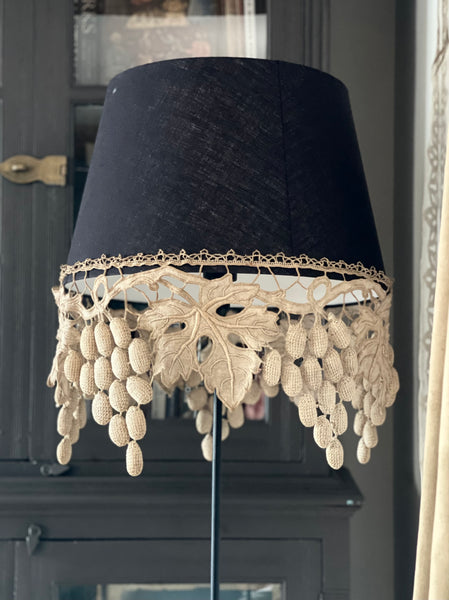Large Size Lampshade with Antique Richelieu Embroidered Border with Art Deco Stumpwork Grapes: C1920s France