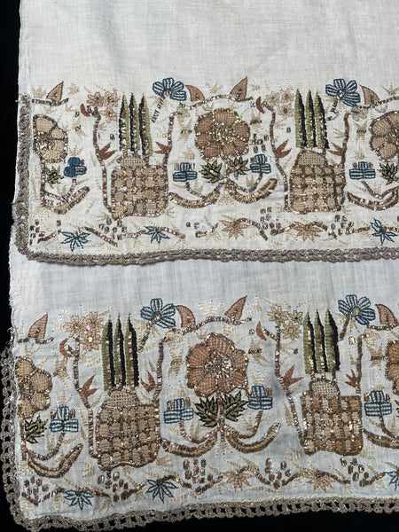 Pair Antique Ottoman Embroideries Silk and Metal Thread With Architectural & Garden Elements: C19th Turkey