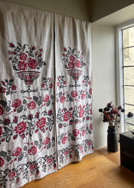 Antique Traditional Hand Embroidered Folk Art Curtain Panels with Urns and Roses: C19th Ukraine