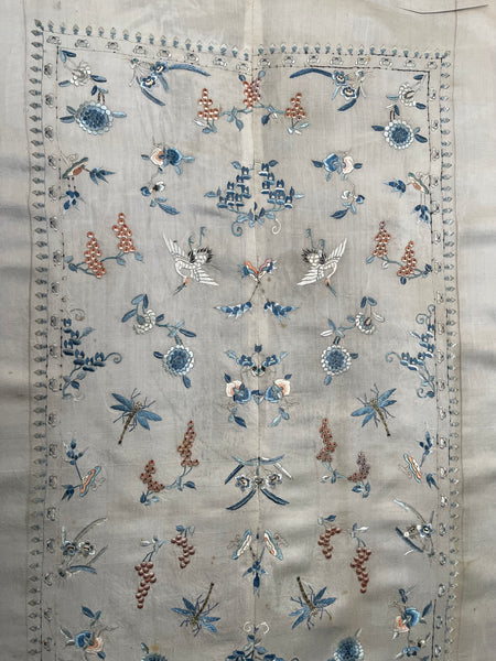 Fine Silk Embroidered Panel with Insects Birds & Flowers: C19th China