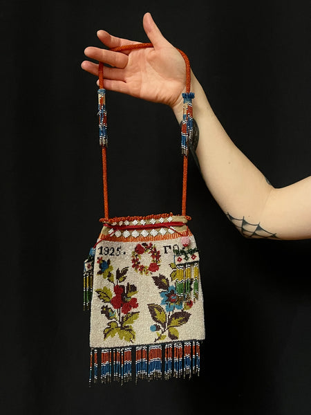 Antique Beaded Bag with Floral Motifs, tassels and Fringing: C1925 Macedonia