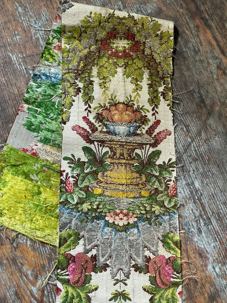 Antique Silk Brocade Panel with Urns & Fruit in Bower: C18th France