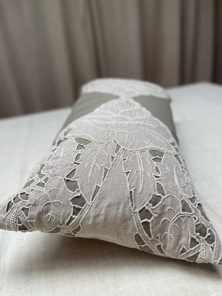 Linen Cutwork Embroidered Lace Pillow or Cushion: C1900 French