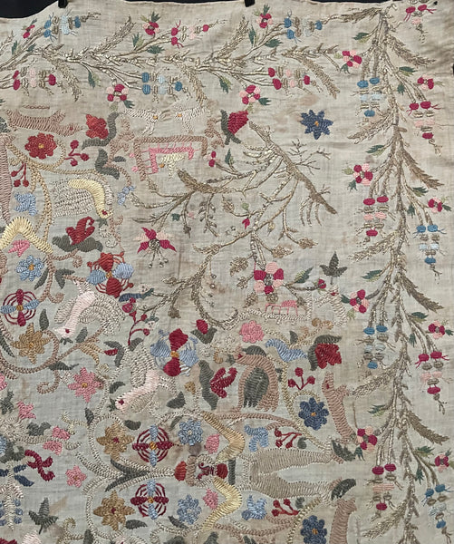 Antique Traditional Greek Island Embroidered Panel with Figures, Animals, Birds: C18th/19th Crete