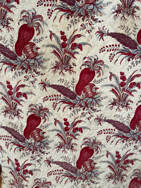 Rare Antique Indiennes Block Print Quilted Panel with Exotic Fruit and Foliage: C18th France