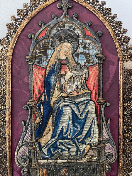 Antique Orphery Embroidery with Mary Queen of Heaven in Gothic Frame: Late C18th / 19th Century England