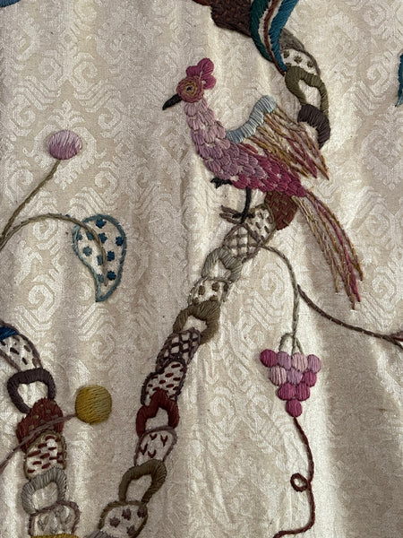 Antique Embroidered Crewelwork Tree of Life with Birds: C1910 A.H. Lee, Birkenhead, Britain. 337cm x 126cm