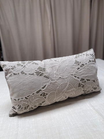 Linen Cutwork Embroidered Lace Pillow or Cushion: C1900 French
