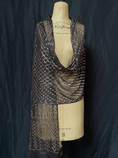 Art Deco Assuit Shawl Hand Embroidered Black with Silver Metal Thread: C1920 Egypt