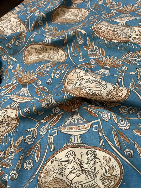 Rare Block Print Neoclassical Toile with Figures & Musical Instruments: C1800 France