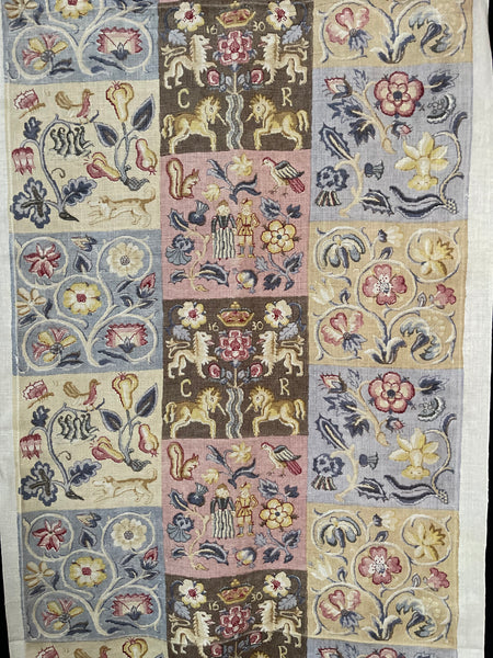 Charming Jacobean Revival Printed Linen Panel with Figures, Animals,  Florals: C1920 England