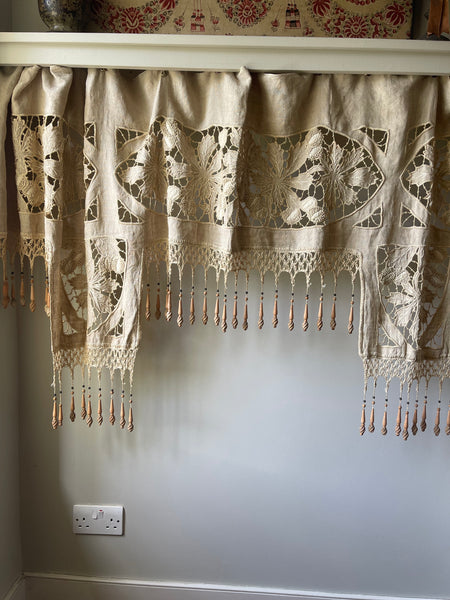 Antique Richelieu Hand Embroidered Pelmet or Café Curtain with Carved Beaded Fringe: C1900 France