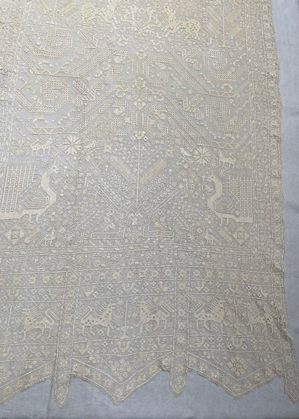 Antique Early Figurative Filet Lace Curtain Mythological Beasts Birds Tree of Life Hand Embroidered: C18th Italy