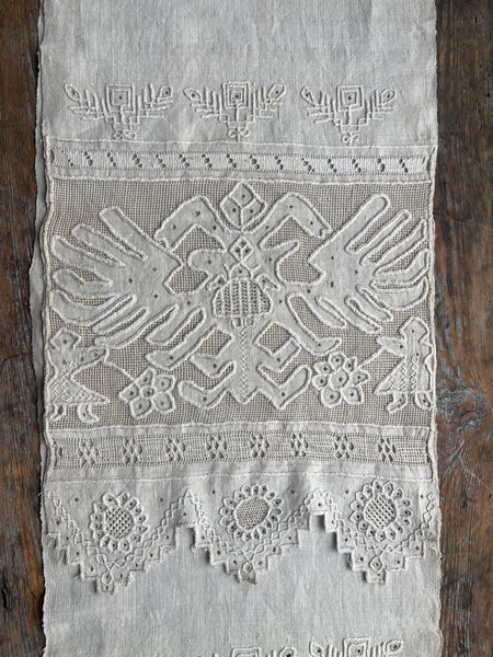 Traditional Drawn Thread work and Embroidered Linen Runner: C1920 Bulgaria