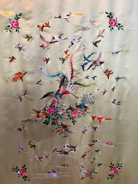 Antique Silk Embroidered Wallhanging with Exotic Birds: C20th China for export