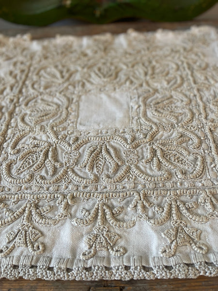 Antique Heirloom Whitework Embroidery Linen Cushion Cover: C19th Italy