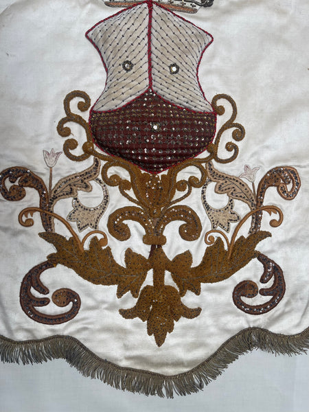 Antique Zardozi Embroidered & Stumpwork Heraldic Banner: C19th India