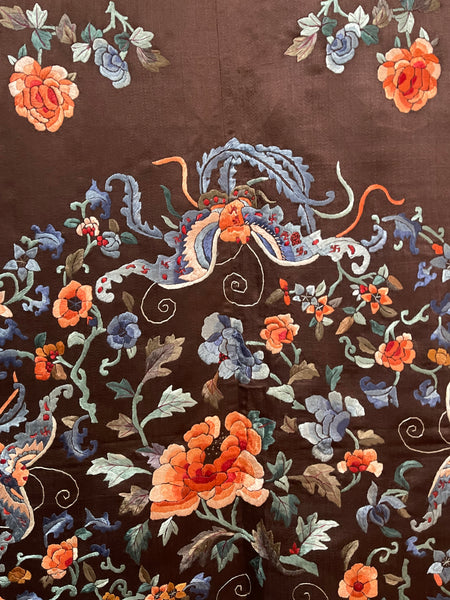 Fine Silk Embroidered Wallhanging with Symbolic Bats, Butterflies, Peonies: C19th China for export