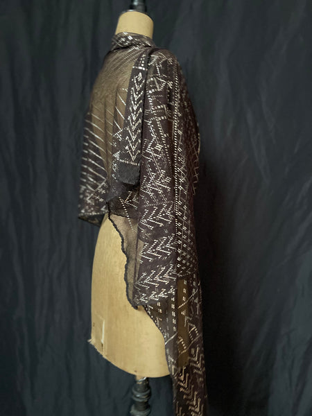 Art Deco Assuit Shawl Hand Embroidered Black with Silver Metal Thread: C1920 Egypt