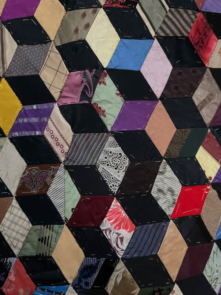 Antique Silk Tumbling Blocks Patchwork Quilt: C19th Britain