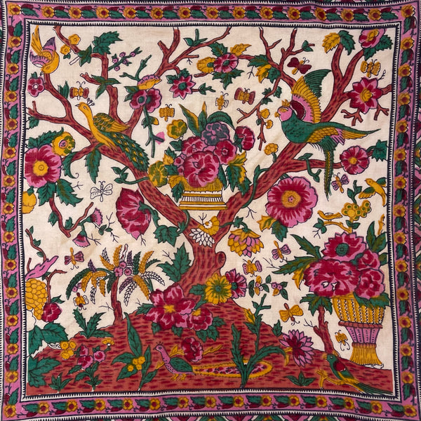 Block Print Tree of Life with Parrots, Peacock, Flowers & Butterflies: C20th India