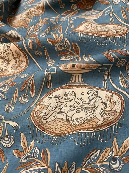 Rare Block Print Neoclassical Toile with Figures & Musical Instruments: C1800 France