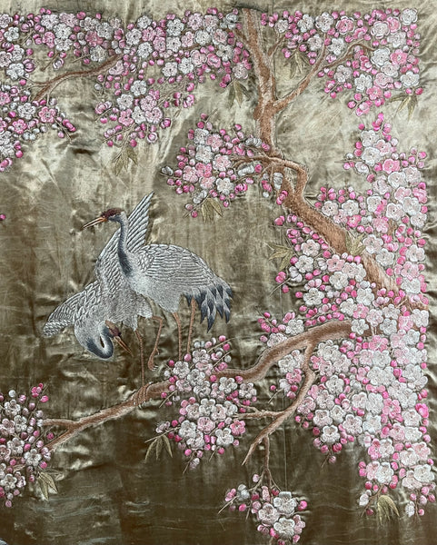 Antique Silk Embroidered Tapestry Wallhanging with Cherry Blossom & Storks: Japanese Meiji Period C19th Century. 223 x 175cm