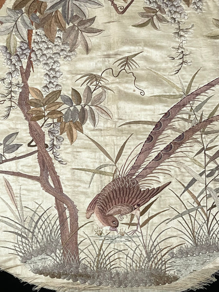 Antique Oval Silk Embroidery with Birds & Butterflies: C19th Qing dynasty, China
