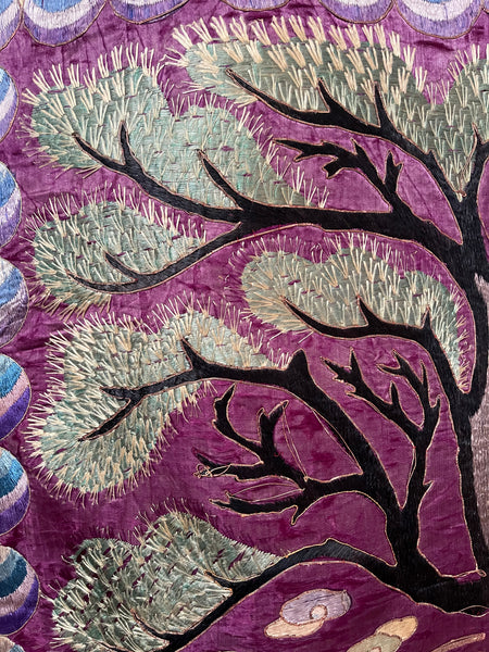Antique Silk Embroidered Wallhanging with Tree of Life, Cranes, Deer: C1910 China