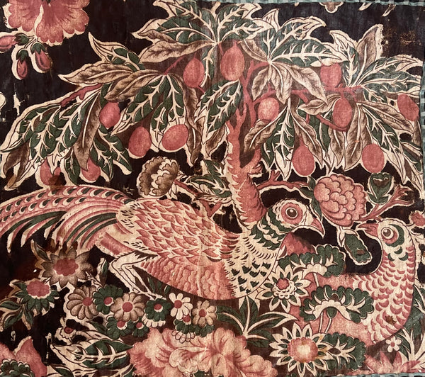 Antique Glazed Chintz Panel with Pheasants and Fruit Tree: C1815 Europe