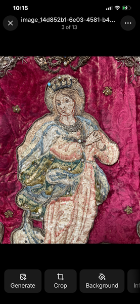 Early Embroidered Silk Velvet Church Wall Hanging With Madonna: C17th Italy