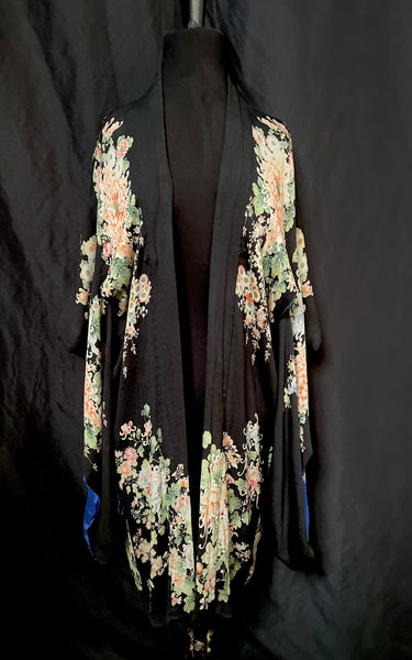 Reversible Hand Painted Silk Kimono with Flowers: C1920 Japan for export