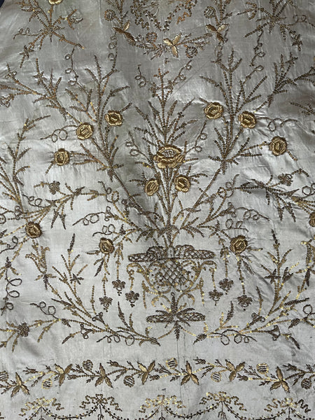 Antique Ottoman Embroidered Powder Blue Silk Satin Gold Embroidered Panels: C19th Turkey