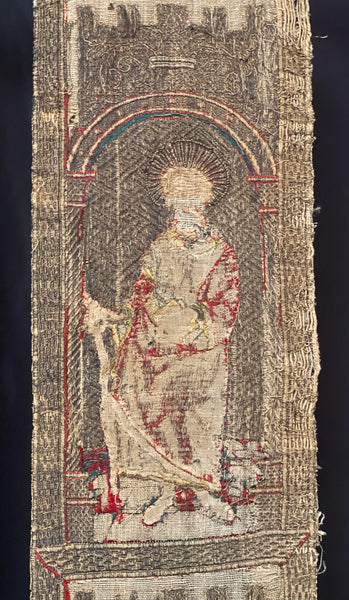 Rare Tudor Orphrey Silk and Metal Thread Embroidered Panels with Iconography Saints: C16th England