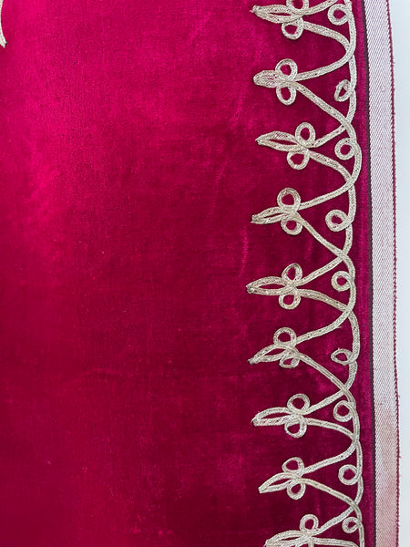 Antique Ottoman Era Magenta Pink Silk Velvet Panel with Traditional Hand Applied Silver Braiding: C19th Algeria