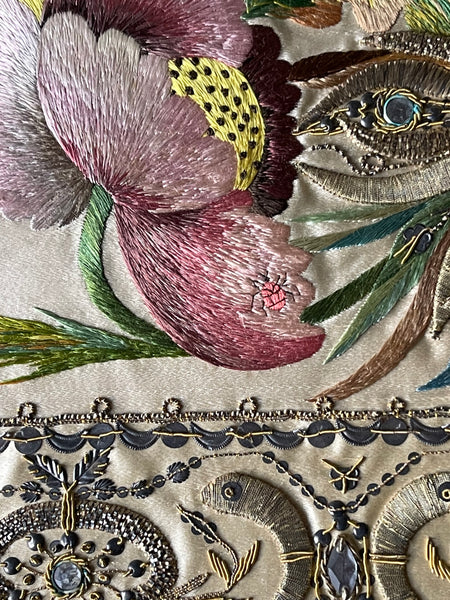 Pair of Museum Quality Italian Embroideries with Flowers and Insects Framed: C18th Italy