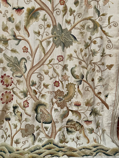 Jacobean Revival Embroidered Tree of Life Crewelwork Wall or Bedhanging: C1900 Britain