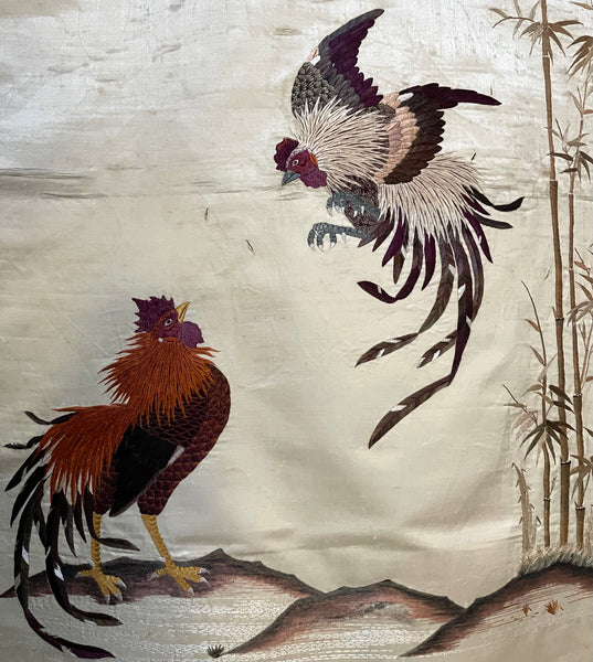 Fine Antique Silk Embroidered Wall Hanging with Cockerels: C19th China