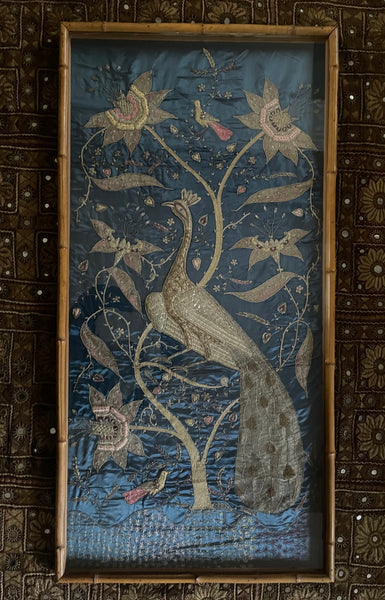 Antique Zardozi Embroidery Peacock & Tree of Life in Original Frame: C1900 India for export