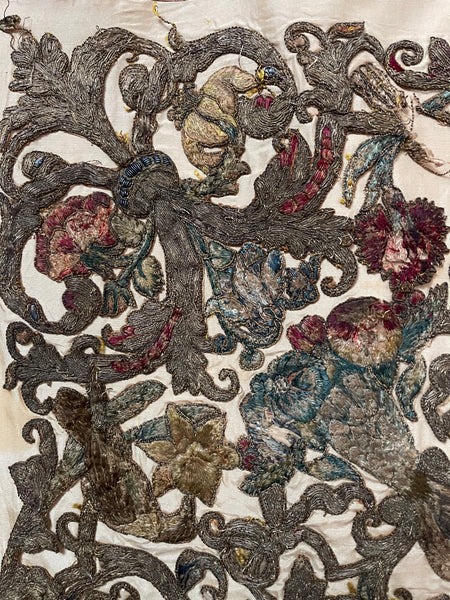 Antique Early Silk and Metal Thread Embroidered Appliqué Panel: C17th Britain