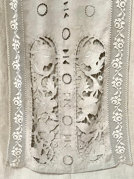 Antique Cutwork Embroidered Richelieu Lace Wallhanging Curtain Panel: C1900 - 1910 France