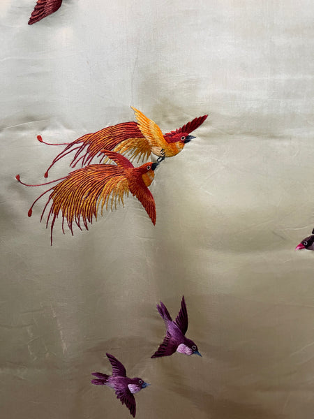 Antique Silk Embroidered Wallhanging with Exotic Birds: C20th China for export