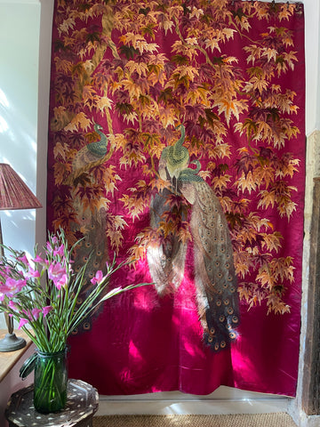 Antique Silk Embroidered Art Deco Wallhanging with Peacocks and Foliage: C1900 Vietnam