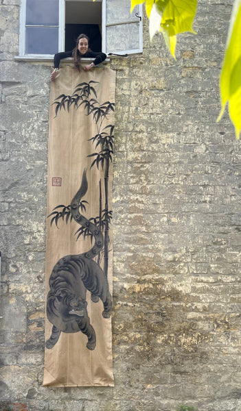 Rare Hand painted Samurai Nobori Banner or Wallhanging with Tiger: C19th Meiji Period, Japan