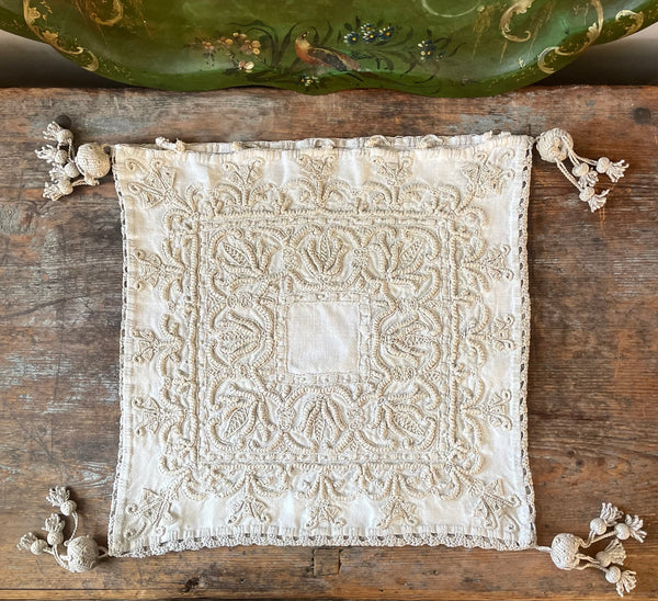 Antique Heirloom Whitework Embroidery Linen Cushion Cover: C19th Italy
